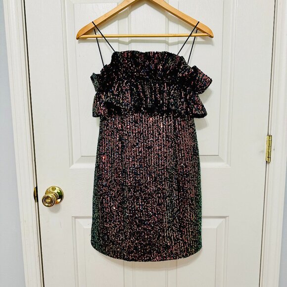 THIRTY / THIRTY IRIDESCENT METALLIC SEQUINS RUFFLE BODICE COCKTAIL DRESS - Picture 1 of 6